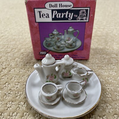 DOLL HOUSE Mini Tea Party Set Porcelain 10 pc Hand Painted Hand Sculpted