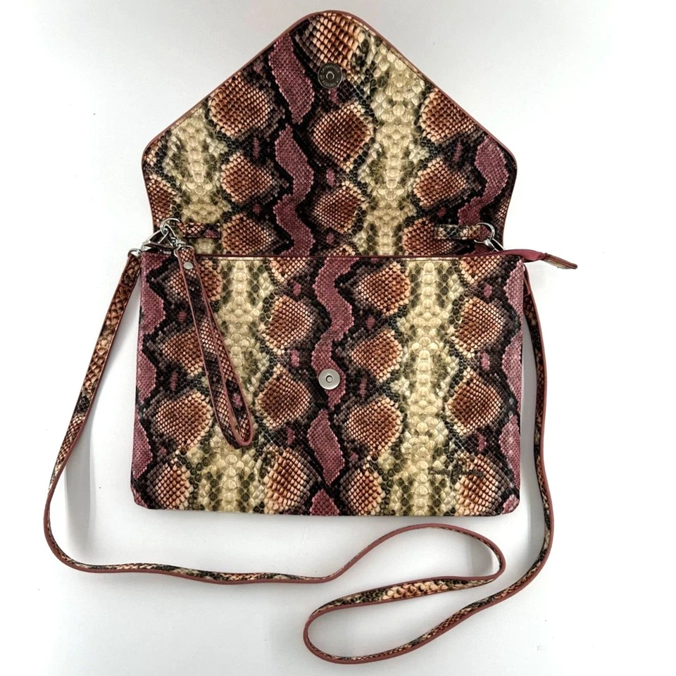 Betty Barclay Faux Snake Skin Crossbody Bag with Wristlet Handle Pink Tan Green - Image 2 of 4