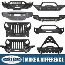 Hooke Road Steel Front Bumper w/ Winch Plate Light For 07-18 Jeep Wrangler JK