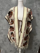 Cuauhtemoc Knitted Mexican Poncho Cape Zarape Aztec Indian w/Fringe