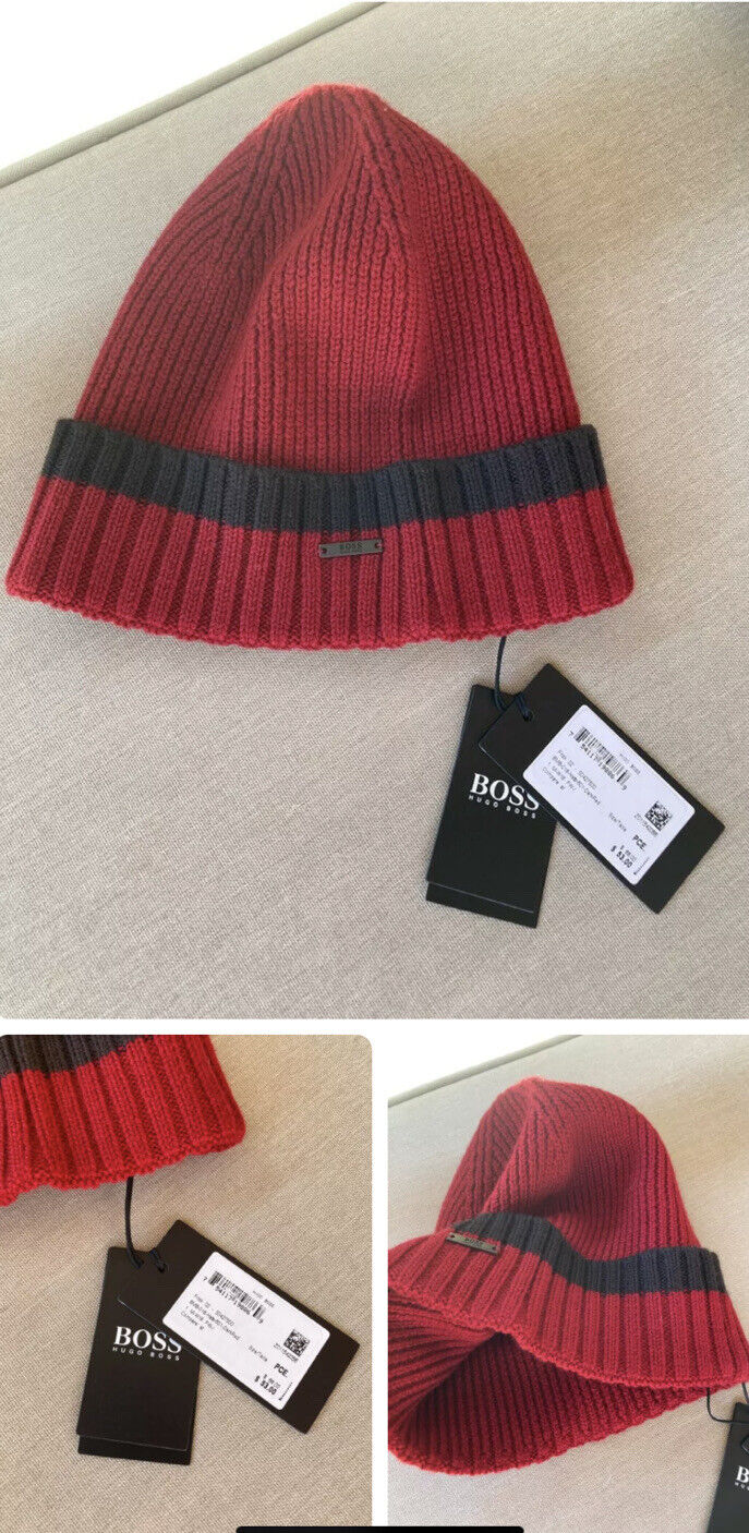 Black Authentic New Red Men Hat Logo $155 Hugo Beanie | eBay Unisex Label Boss