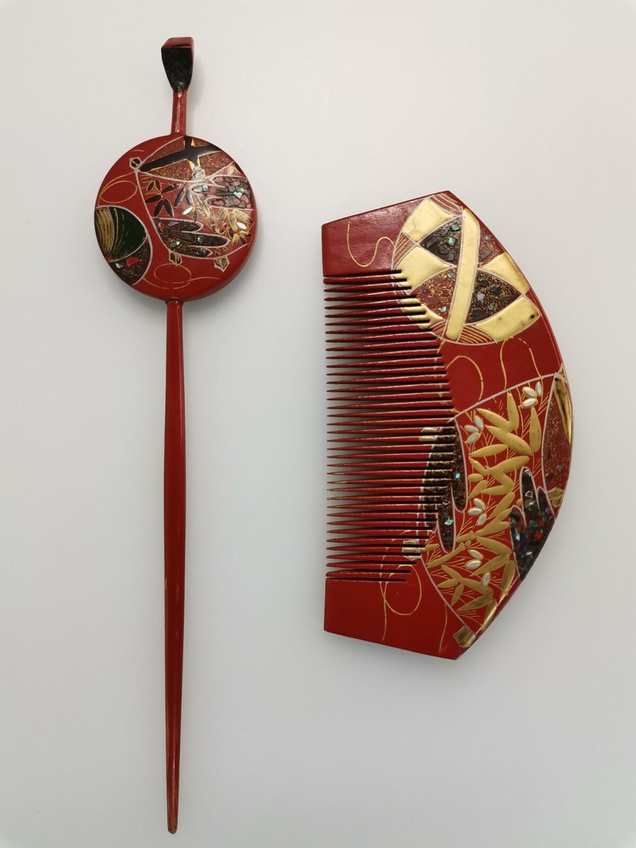 Vintage Japanese Kanzashi, red lacquer comb and hair pin set | eBay