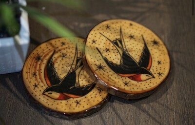 Sparrow Love I - Set of 4 | Traditional Tattoo Wooden Coasters by PrimitivArt