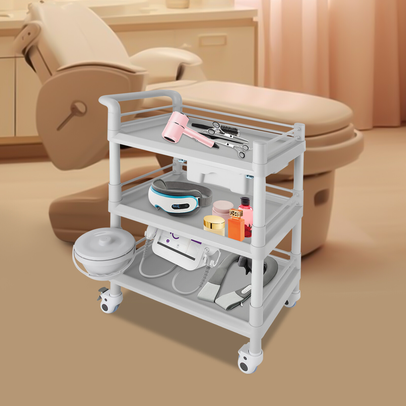 3-tier Beauty Salon Cart Beauty Instrument Cart Rolling Tool Cart with 4 Wheels