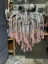 Lampadario Vistosi a cascata in metallo cromato e gocce di Murano rosa, anni '70
