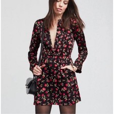 Reformation Hart Red Rose Floral Mini Dress Black V-Neck Long Sleeve Pockets  2