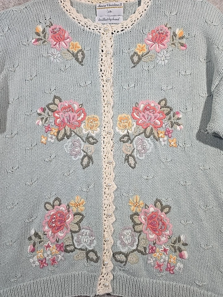 Marisa Christina II Vtg Sweater Hand Knitted Beaded Embroidered Ramie Cotton 2X - Image 2 of 4