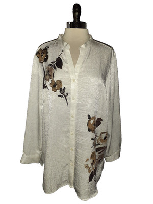 MAGGIE BARNES Plus Size 1X 18W 20W Blouse Shirt Top White Brown Flowers