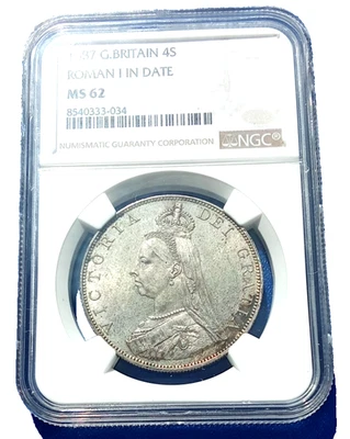 4 Shillings (Double Florin) 1887 ROMAN I in DATE NGC MS-62 nice noble toned! - Bild 1 von 3