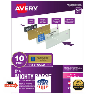 Avery Reusable Magnetic Professional Name Badge System, 1'' x 3'' Gold Name Tags, 