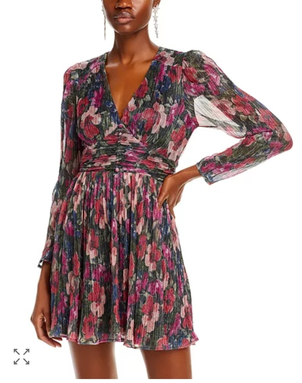 Aqua Women’s Long Sleeve Metallic Pleated Floral Party Cocktail Mini Dress M
