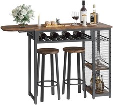 Bar Table and Chair Set, Expandable Dining Table with 2 Bar Stools, Industrial