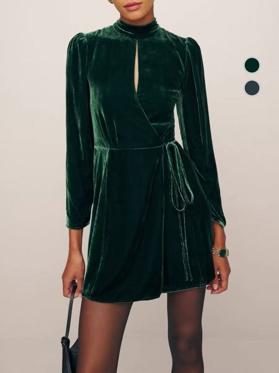 green velvet dress reformation Stand up Collar with Straps Midi dresses