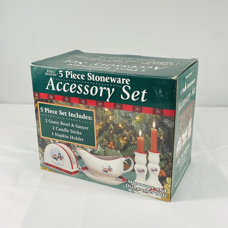 Royal Seasons 5 Piece Stoneware Accessory Set Snowman Holiday Vtg New