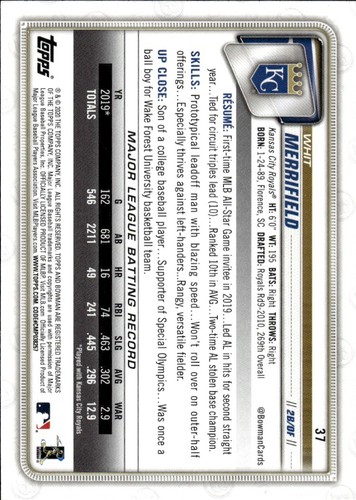 2020 Bowman #37 Whit Merrifield Kansas City Royals - Picture 2 of 2