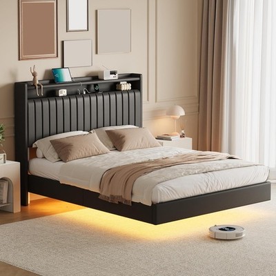Full Floating Bed Frame with LED Lights Storage Headboard Platform No Box Spring