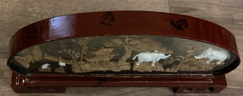 Cork Art Chinese HAND MADE Oval Lacquered Wood Glass 13.75x2x7” Beautiful Read - Picture 4 of 12