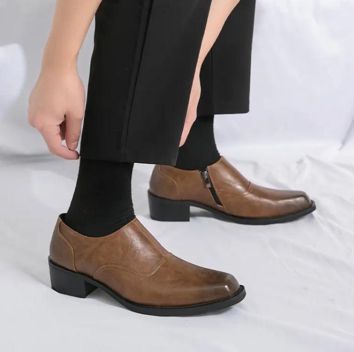 SAOLA Scarpe uomo punta quadrata tacco a blocco vintage zip laterale moda business oversize