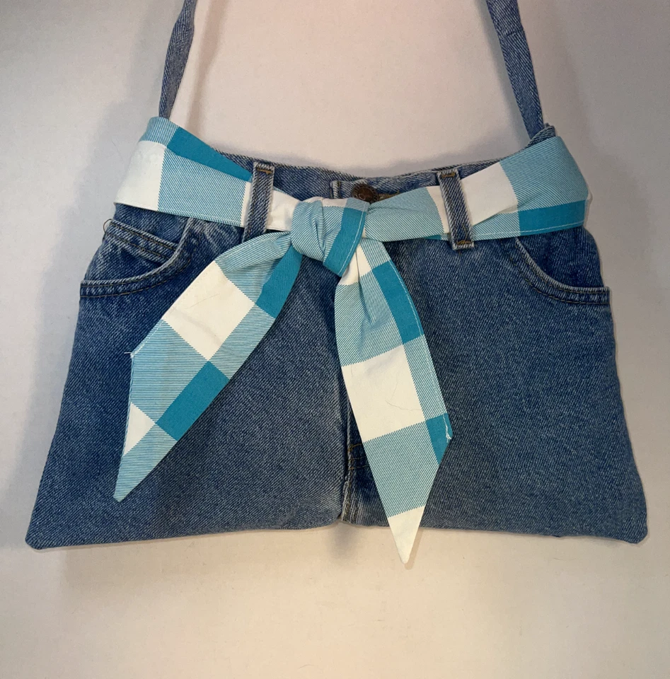 Cartera vaquera reciclada con cinturones intercambiables a cuadros 4 cinturones adicionales 14 X 9 Foto 2 de 4