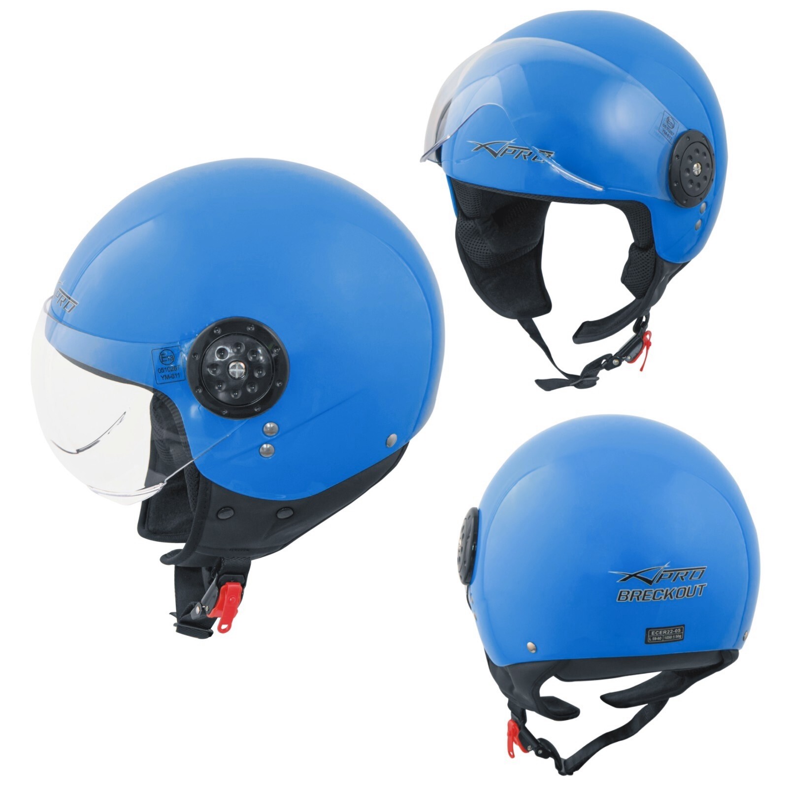 Jet Helmet Open Face Demi Motorbike Scooter Custom Avio Clear Visor Blue M