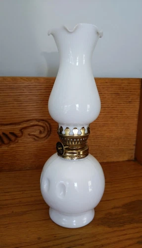 Vintage Small Milk Glass Oil Lamp with White Fluted Chimney 8 Inches Japan
