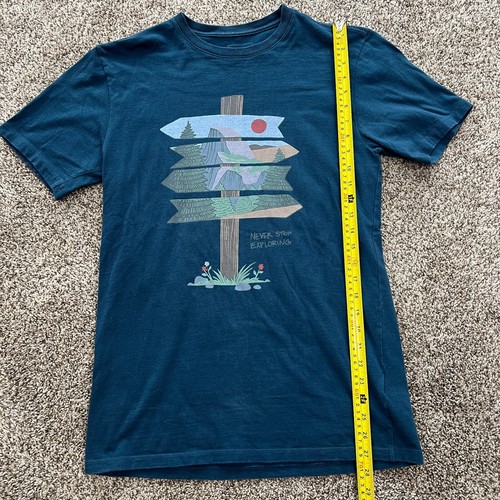 The North Face "Never Stop Exploring" Blue T-shirt Adult size Small Hike Cotton