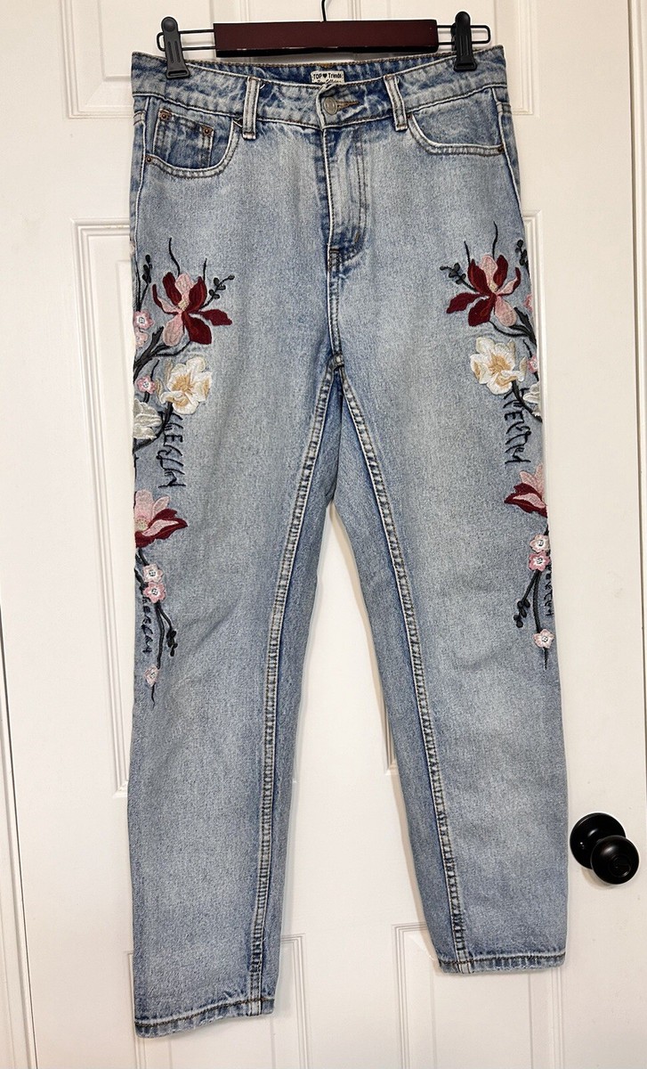 Womens Jeans Sz40 Blue Denim Pink Floral Embroidered Flowers