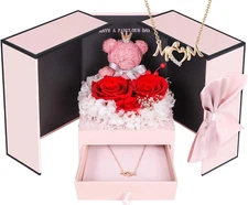 Addwel Eternal Rose Gift Set with Mom Necklace & Moss Bear - Preserved Real Rose