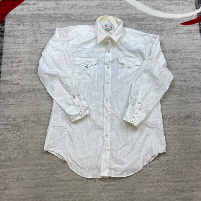 VTG H Bar C Ranchwear Pearl Snap Shirt Medium 16.5 White Western Rodeo 33 90s