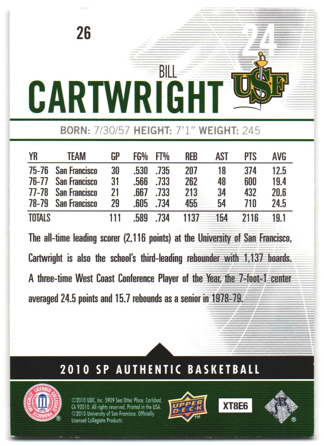 Bill Cartwright 2010 SP Authentic 26 San Francisco Dons Signed Card To