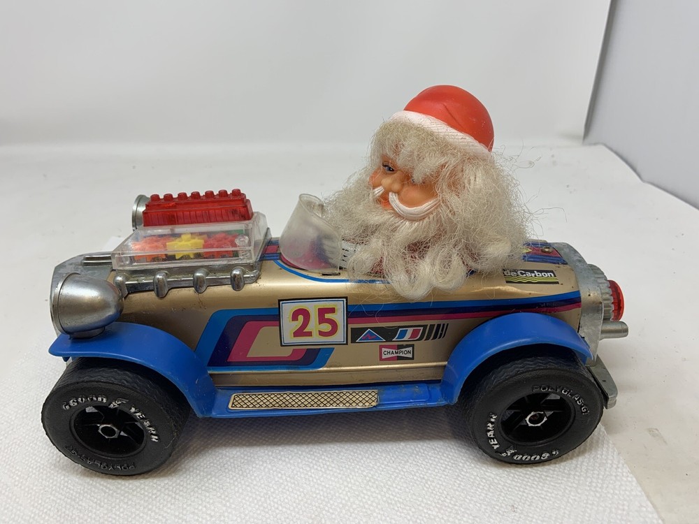 RARE vintage 70'S SANTA CLAUS in TIN and plastic RACE CAR battery operated