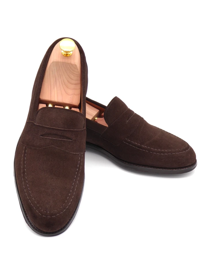 UK 7 F - Joseph Cheaney Hadley Dark Brown Suede Penny Loafers Shoes Scarpe - Imagen 4 de 4