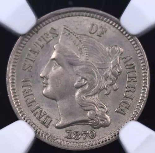 1870 THREE CENT NICKEL NGC MS 62 LIGHT SILVERY PEWTER GREY WELL STRUCK AND FREE