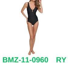 DKNY Women's Standard V-Neck Ring One Piece Swimsuit, Black, M