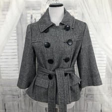 Cato Small Gray Pea Coat Double Breasted Coat Belted Wool 3/4 Sleeve Pockets D6
