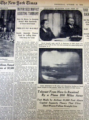1939 NY Times newspaper Early TELEVISION invention BROADCAST LIVE to an AIRPLANE