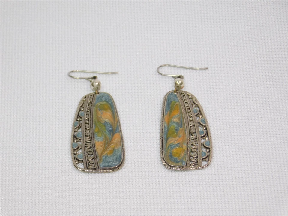 Pendientes colgantes vintage Edgar Berebi azul verde remolino esmalte tono plata Foto 2 de 4