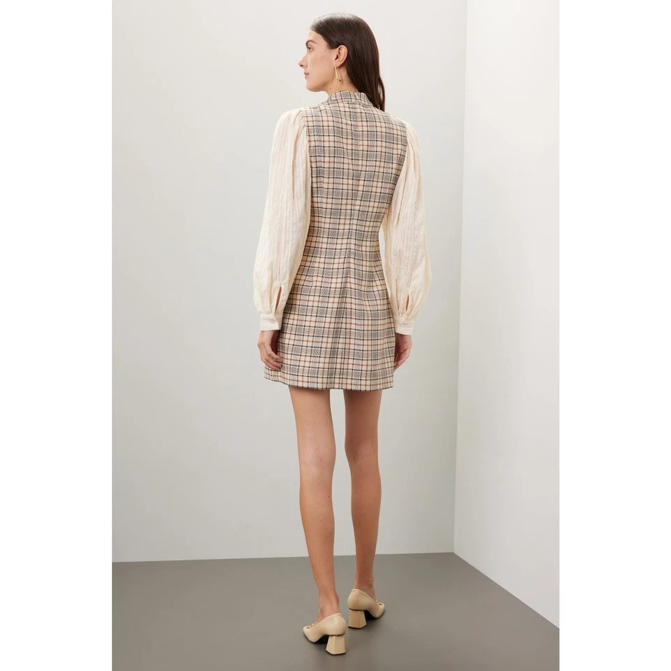 Sea New York Beatriz Plaid Mini Dress Cream Mock Neck Long Sleeve Sz 6 - Image 3 of 4