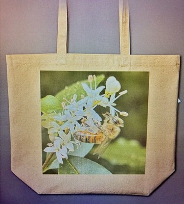 Large Beige Cotton Canvas Tote Bag Floral Nature Bee Print 15x17x6