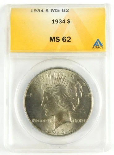 1934 $1 Peace Silver Dollar ANACS MS62 BU+ Uncirculated Coin C4283