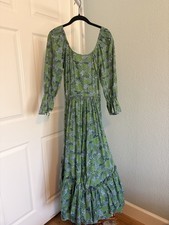 Vintage 70s Joseph Magnin Green Blue Floral California Boho Prairie Maxi Dress