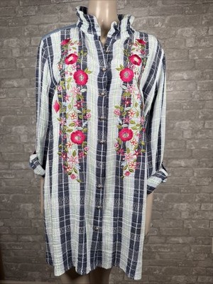 John Mark Large Blue Plaid Floral Embroidered Button Front Blouse Floral Back
