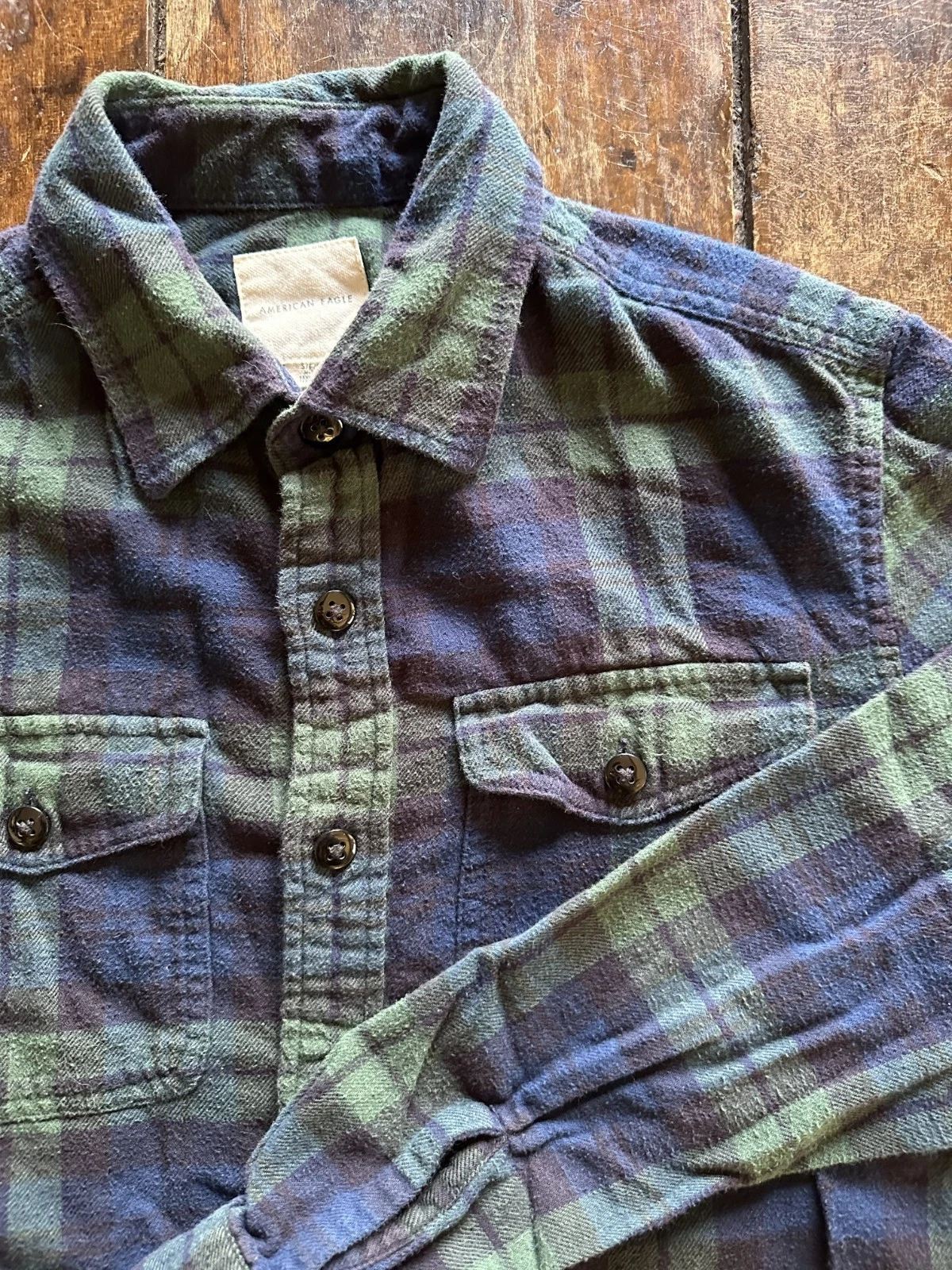 Y2K American Eagle Outfitters Flannel Shirt Mens S Blue Green Plaid Classic Fit