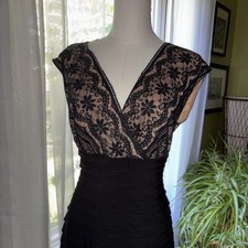Adrianna Papell Cocktail Black Dress 14W Beaded Chiffon Ruched Pleated Back