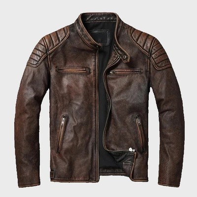 Men's Genuine Leather Biker Jacket-Vintage Yellow Brown Distressed Retro