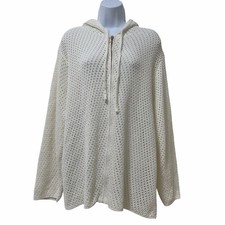 Nicole Miller Womens Crochet Open Knit Zip Hoodie Size 2X White Coastal Beachy