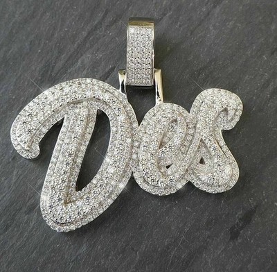 Real Moissanite 3CT Round Cut Custom Name Charm Pendant 14K White Gold Plated