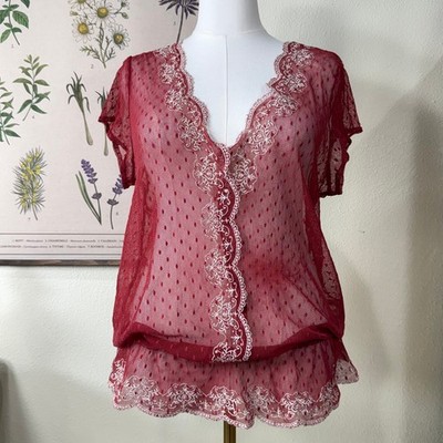 Y2k Sheer Mesh Embroidered Swiss Dot Top Boho Fairy Grunge Cottage Mori Kei XL