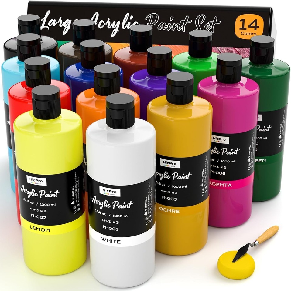 14 Colors Large Bulk Acrylic Paint Set 33.8 oz, 1000 ml Rich Art ...