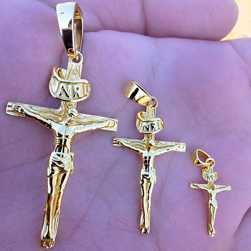 14K Gold Plated Solid 925 Sterling Silver Cross Jesus Crucifix Pendant ...